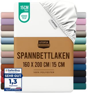 Utopia Bedding - Topper Spannbettlaken 160x200 cm - Weiß - Oeko-Tex Zertifiziertes Gebürstete Polyester-Mikrofaser Spannbetttuch - 15 cm Tiefe Tasche