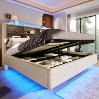 Merax Polsterbett, 140 × 200 cm Doppelbett, mit LED-Lichtleiste, hydraulischer Stauraum, Staufächer, schwebendes Design, USB- und Typ-C-Anschlüsse, Leinen, beige