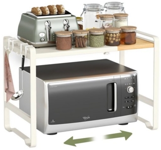 SONGMICS Erweiterbares Mikrowellen-Regal, Mikrowellenständer, 41,5-64 cm verstellbare Breite, Küchenregal für Arbeitsplatte, Stahl und Bambus, 4 Haken, cremeweiß-naturbeige