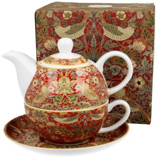 DUO ART GALLERY Tasse mit Teekanne STRAWBERRY THIEF RED New Bone China Porzellan