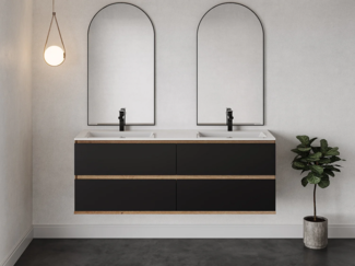 Vente-unique - Waschbeckenunterschrank hängend - 150 cm - Holzfarben hell & Schwarz - SABURI