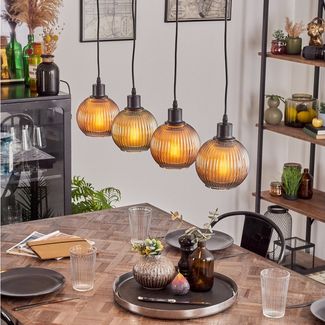 hofstein Hängeleuchte Hängelampe aus Metall/Riffelglas in Schwarz/Grün/Blau/Kupferfarben, ohne Leuchtmittel, Leuchte im Vintage-Design mit Schirmen aus Glas, max. 117 cm, 4 x E27