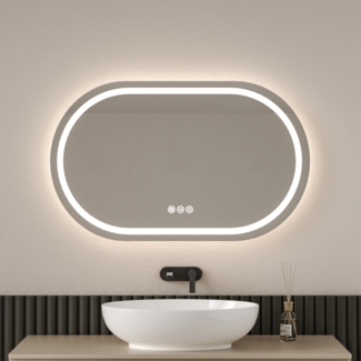 EMKE Spiegel Oval Badspiegel mit Beleuchtung Badezimmerspiegel, 70x50cm, Touch, 3 Lichtfarbe, Beschlagfrei