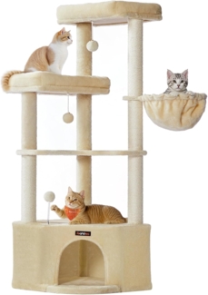 Feandrea Kratzbaum, Katzenbaum, 48,5 x 48,5 x 140,7 cm, Katzenkratzbaum mit großer Kuschelhöhle, großen Plattformen, Plüschbällen, Liegemulde, sandbeige