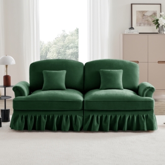 Elegantes großes 2-Sitzer Sofa, mittelalterlich-moderner Stil, flared Armlehnen, abnehmbarer Volant, Holzbeine, bequemer Chenille-Stoff, ideal für Wohnzimmer, Grün