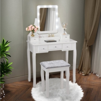 COSTWAY Schminktisch, drehbarer Spiegel, LED, abnehmbarer Oberteil, Hocker
