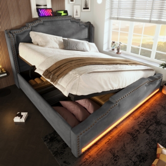 Polsterbett Vintage Bett mit hydraulischem Stauraum, LED-Beleuchtung und USB-C-Ladeanschluss, 140×200cm, ohne Matratze