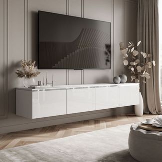 ALLHOUSE24 TV-Schrank NELLY SILBER Hängendes TV Lowboard weiß Glanz mit LED-Beleuchtung 200 cm Breite