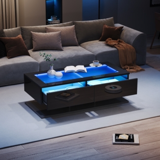 Merax 100*50*35cm Couchtisch, Hochglanz Sofatisch, Wohnzimmertisch mit Schubladen, Kaffeetisch mit LED-Licht, Glasplatte, Schwarz