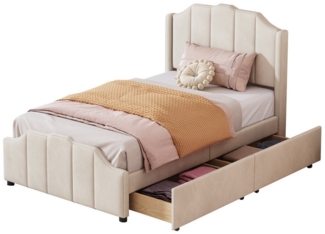 PHOEBE CAT Polsterbett (Kinderbett), Einzelbett 90x200cm mit 2 Schubladen & Lattenrost, weicher Samt-Bezug