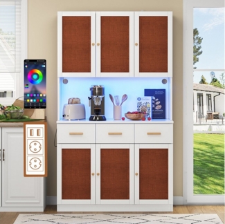 Flieks Küchenbuffet Hochschrank mit LED-Beleuchtung, Steckdosen und USB-Anschlüssen (B105 × T43 × H182 cm, 1-St, mit Massivholzgriffen und verstellbare Ablagen) Küchenschrank Geschirrschrank mit Schubladen und Stofftüren
