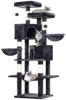 MSMASK Kratzbaum mit Sisalstämme, 2 Plattformen, 2 Katzenhöhlen, 2 Körbe, Hängematte, 180cm hoch, Rauchgrau