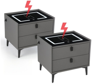LETGOSPT Nachttisch 2er Set Nachttisch mit kabelloser Ladestation, USB und Touch-LED-Licht (2-St, Beistelltische, mit kabellosem Laden, LED-Lichtern und 2 Schubladen), 3 Farbe dimmbar, 2 Schubladen, für Schlafzimmer, Wohnzimmer, Grey