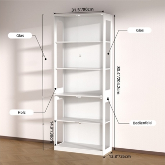 VOWNER Glasvitrine mit 3-Farben-LED - Bewegungssensor (1-St) 5 übereinanderliegende Regale, 80 x 204 x 35 cm