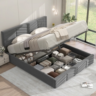 Polsterbett mit höhenverstellbarem Kopfteil,205.5*145.5*90-95 cm, Grau Stauraumbett