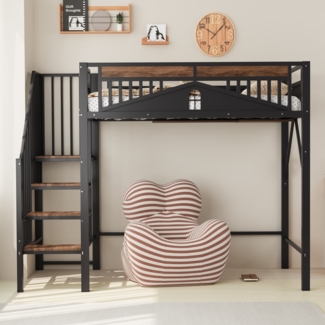 Merax Metall-Hochbett 90 x 200 cm, Kinderbett, Einzelbett, einzigartige Sicherheitsumrandung mit Fenster, mit Sicherheitsleiter, Schwarz