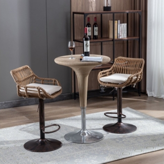 HAUSS SPOLE Barhocker Barstühle Barhocker Relaxsessel mit Fußstütze, Verstellbar,Beige (Barhocker Set (2 Stück) – Höhenverstellbar mit Fußstütze, 360° drehbar – Rattan-Stil mit stabilem Metallgestell für Küche, Esszimmer und Bar – Retro Design, Armlehn...