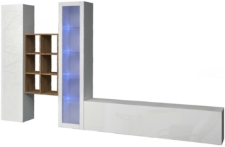 Dmora Ausgestattete Wand Ausonia, 3-türiges TV-Ständer-Wohnzimmerset, Mehrzweck-Wohnzimmermöbel mit Vitrine und LED-Licht, 100 % Made in Italy, 320 x 30 x 180 cm, glänzendes Weiß,