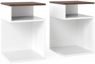 2er Set S-förmiger Beistelltisch mit 2 Offenen Fächern Nachttisch Sofatisch Weiß + Walnuss