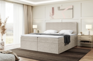 MEBLINI Boxspringbett ZLATAN 140x220 cm mit Bettkasten - H4/Beige Webstoff Polsterbett - Doppelbett mit Topper & Taschenfederkern-Matratze