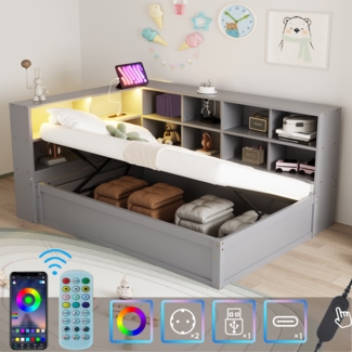 Multifunktionsbett 90x200 cm aus Kiefernholz mit LED-Beleuchtung,USB-Steckdose, Stauraum,Grau