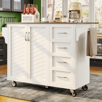 Küchenwagen 107x40x93 cm mit klappbarer Tischplatte 71 cm, multifunktionaler Weiß Servierwagen mit Stauraum,2 Schubladen, 2 Schranktüren