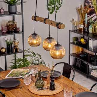 hofstein Pendelleuchte Hängelampe aus Metall/Holz/Riffelglas in Schwarz/Natur/Bernsteinfarben, ohne Leuchtmittel, Hängeleuchte im Retro/Boho Design mit Glasschirmen und Holzbalken, E27