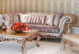 Casa Padrino Luxus Barock Sofa Lila / Creme / Beige / Kupferfarben 260x100 x H. 90 cm - Prunkvolles Wohnzimmer Sofa mit edlem Muster