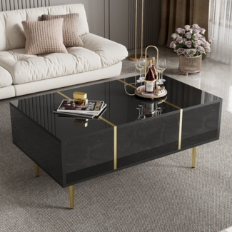 Merax Couchtisch hochglanz Sofatisch Beistelltisch mit Goldakzenten (1-St), Wohnzimmertisch mit 2 Schubladen und goldfarbenen Metallfüßen,B:100cm
