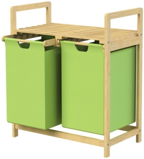 ML-DESIGN Wäschekorb Wäschebox mit 2 Fächern aus Bambus und Stoff für Badezimmer, Wäschesäcken 60L mit Stabiles Holzgestell Grün 73 x 63 x 33 cm Wäschetruhe