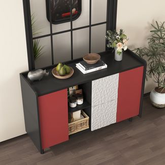 Sideboard 120x40x80 cm, MDF schwarz/rot mit 2 Schubladen, offenem Fach und Tür
