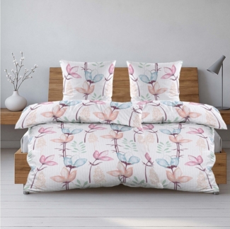 Casa Colori Bettwäsche Seersucker Bettwäsche-Set, 100% Polyester, Weiß mit bunten Blumen, Seersucker, 4 teilig, Decke 135x200 cm, Kissen 80x80 cm