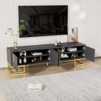 TV-Schrank 170 x 40 x 45,5 cm aus Spanplatte in Grauschwarz mit 4 Türen & goldfarbenen Metallfüßen