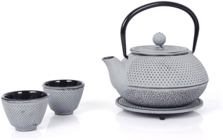 Echtwerk Teeservice Gusseisen Teekanne 0,8 L Teebereiter inkl. Untersetzer 2 Teetassen Teekannen-Set Vintage-Design Creme Grau