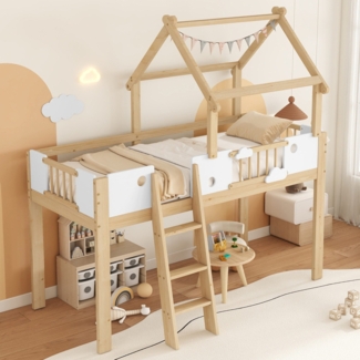 Hochbett mit Lattenrost, 90x200 cm, Kinderbett mit Rausfallschutz und Leiter, Hausbett, Jugendbett, Kiefer