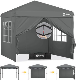 Sekey Premium Pop Up Pavillon 3x3 Wasserdicht Stabil, 3 x 3 m Pavillon mit Seitenwänden, Faltpavillon Partyzelt Faltbar für Camping Party, Höhe Verstellbar 250-270cm, (Grau, Mit Seitenwänden)