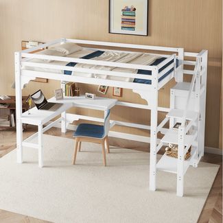 STILVORA Kinderbett 140x200 mit Schreibtisch,Holzbett Jugendbett mit Geländer®elen (mit L-förmigem Schreibtisch und offenem Kleiderschrank, 140x200 cm), ohne Matratze