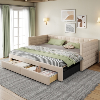 Polsterbett, 3-in-1 Ausziehbares Schlafsofa 90x190 cm, Multifunktionsbett, mit Schubladen, umbaubar in Einzel-/Doppelbett mit Lattenrost, Baumwolle und Leinen, beige, Baumwolle/Leinen, Beige, 90x190 cm