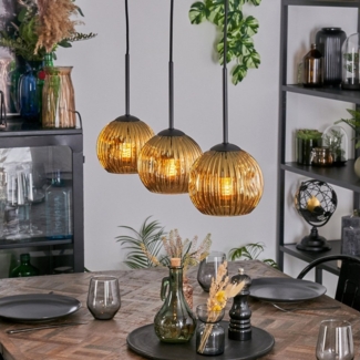 hofstein Hängeleuchte Hängelampe aus Metall/Riffelglas in Schwarz/Goldfarben, Hängeleuchte im modernen Retro/Vintage-Design (15 cm), 3 x E27