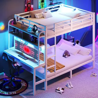 Etagenbett mit RGB LED-Lichterkette, Steckdose, USB, Schreibtisch, Leiter, Regal, Rausfallschutz und Lattenrost, 140x200cm, Metallbett, Kinderbett