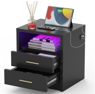 oyajia Nachttisch Nachtschrank mit 2/3 Schubladen, Beistelltisch mit Ladestation und LED (1-st RGB Nachttisch mit Schubladen und Ladestation), Nachttisch mit Schubladen, Einstellbare Farben, Type-C, USB-Anschlüsse