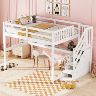 Merax Hochbett, Kinderbett 140x 200cm, Kinderhochbett, mit Stauraumschubladen und Unterbettschreibtisch, Weiß
