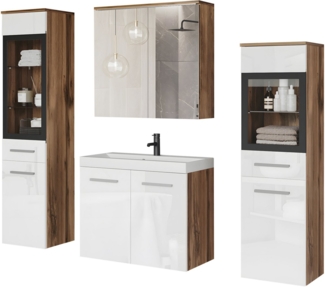 welltime Badmöbel-Set MADRIT II, Schrank mit Waschbecken, 2 Hänger, Spiegelschrank, (Komplett-Set, 5-St), Hängende Badmöbel mit Glaseinsätzen – in vielen Farben erhältlich