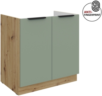 Küchen Spülenunterschrank 80 cm Küche ARIA Aquamarin ultra matt + Eiche Artisan matt, hochwertige Fronten mit Anti Fingerprint Beschichtung Küchenzeile Küchenblock