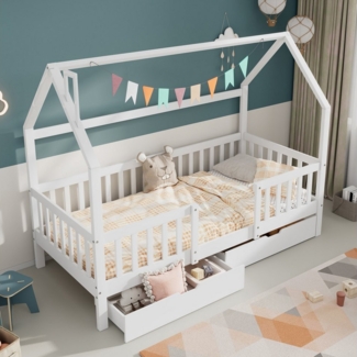 STILVORA Kinderbett 90x200 Hausbett mit Stauraum und Schornstein,Kiefernholz Bettgestell, Kiefer Einzelbett Hausbett Mit 2 Schubladen 90x200cm