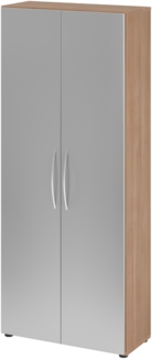 bümö Mehrzweckschrank 80cm breit, Aktenschrank o. Schuhschrank hoch, Schrank mit Regal, Küchenschrank in Nussbaum/Silber aus Holz, Vorratsschrank & Haushaltsschrank mit Metallgriffen, 4100-N-S