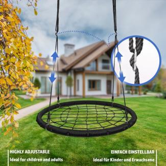 Physionics® Nestschaukel - Spinnennetz, für Kinder/Erwachsene, Outdoor/Indoor, 120cm Sitzfläche, bis 300 kg Belastbar, Höhenverstellbar, Schwarz - Tellerschaukel, Rundschaukel, Garten, Netz Schaukel