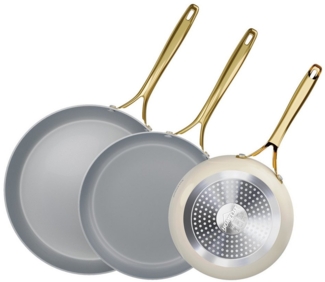 HOMELUX Pfannen-Set Bratpfanne Keramikpfanne Induktion Aluminium Pfanne mit Edelstahlgriff, Aluminium (Pfannenset, 3-tlg), Indukion,Keramikbeschichtung,weiß grau pfanne, gold griff