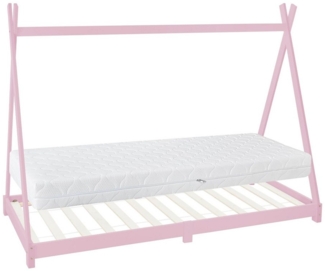 ML-DESIGN Spielbett Hausbett Tipi Zeltbett inkl. Lattenrost Bodenbett Kinder Himmelbett, Abenteuerbett zum Spielen Zelt Kinderbett Kiefer Bettenhaus Bett Rosa
