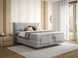 Vente-unique - Komplettes Boxspring-Set mit Kopfteil + elektrisch verstellbare Lattenroste + Matratze + Topper - 2 x 80 x 200 cm - Stoff - Hellgrau - ZANORO von PALACIO